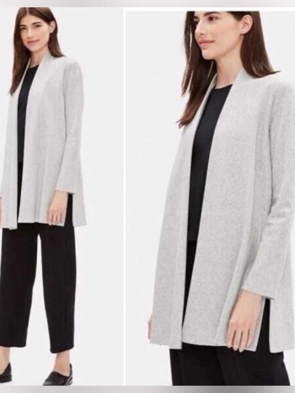 Eileen Fisher - Herringbone Cotton Blend Longline Open Front Jacket Cardigan